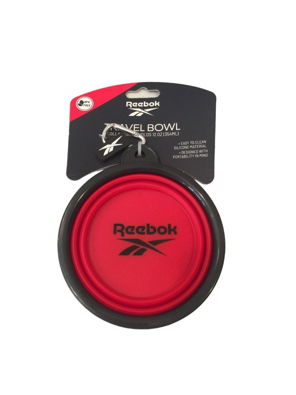 REEBOK Travel Pet Bowl Red Expandable Silicone BPA FREE Silvertone Carabiner Hol